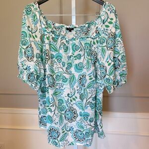 Talbots 2X square neck floral peasant blouse top blue green floral bright light